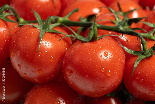 Fototapeta Ripe Tomatoes on the Vine Covered in Water Drops