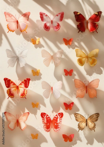Fototapeta Aesthetic display of colorful butterflies. Artistic composition with vibrant colors, creating a visually pleasing and decorative background.