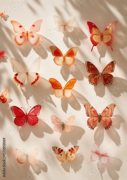Fototapeta Aesthetic display of colorful butterflies. Artistic composition with vibrant colors, creating a visually pleasing and decorative background.