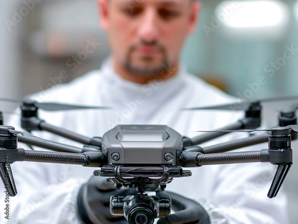 Fototapeta Technician in protective suit and gloves holding a professional black quadcopter drone with camera inside a clean laboratory environment