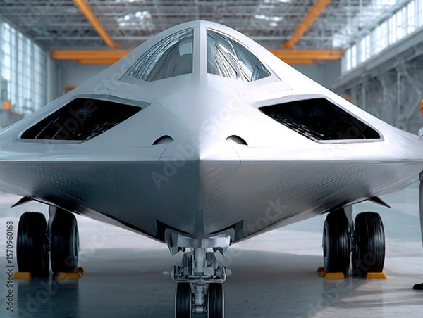 Fototapeta Futuristic stealth aircraft inside spacious hangar with two engineers in white uniforms and yellow helmets standing beside the nose

