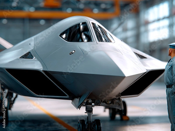 Fototapeta Futuristic stealth aircraft in hangar with two uniformed personnel inspecting the advanced jet from the front side