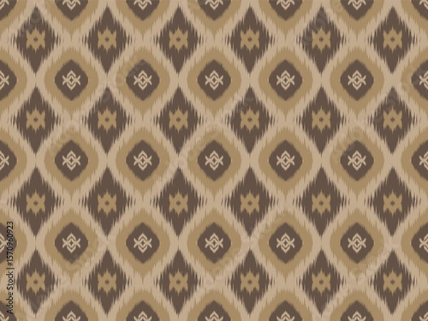 Obraz Ethnic Abstract Ikat Fabric Pattern, Geometric Style, African, Indian Embroidered Ikat Fabric, Brown Background, Cream Pattern For Texture, Clothing, Wrapping, Curtain, Decoration, Carpet.