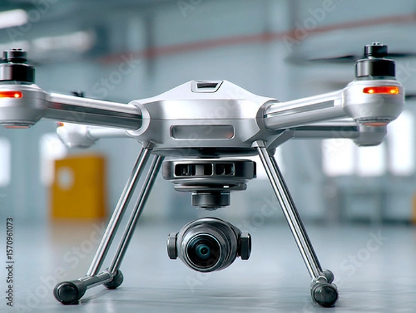 Fototapeta Modern silver quadcopter drone with mounted camera and landing gear standing on polished floor inside an industrial facility
