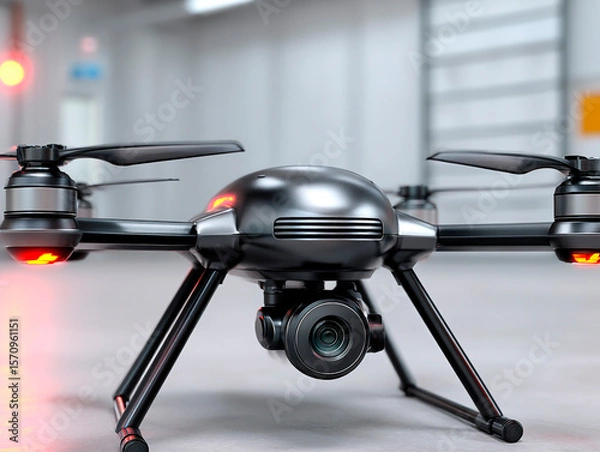 Fototapeta Black quadcopter drone with red LED lights and mounted camera standing on landing gear in a modern industrial facility