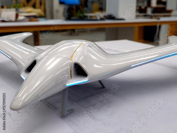 Fototapeta Futuristic white drone aircraft model with glowing blue accents placed on detailed technical blueprints in modern design studio