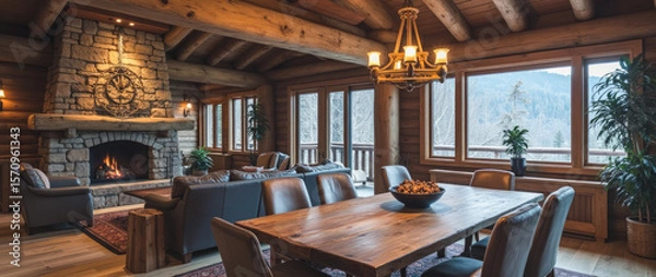 Fototapeta Rustic Open-Plan Living and Dining Area with Cozy Cabin Atmosphere and Large Stone Fireplace