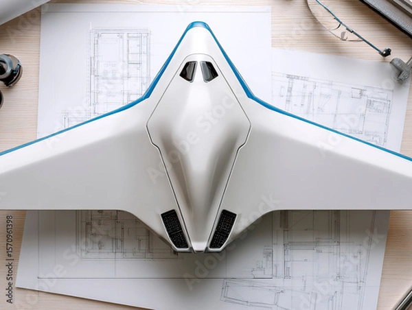 Fototapeta Futuristic unmanned aircraft prototype placed on top of technical blueprints surrounded by engineering tools on a wooden desk