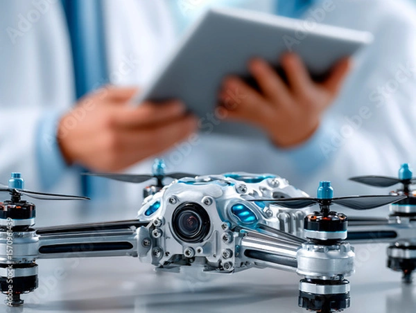 Fototapeta Futuristic quadcopter drone on laboratory table with two scientists in lab coats analyzing data on a tablet in background