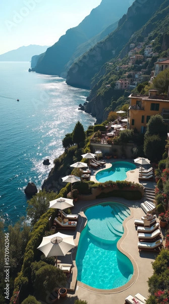 Fototapeta Sorrento Italy Top-Down View of Cliffside Terraces Overlooking Sparkling Mediterranean Sea