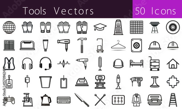 Fototapeta 50 Utility and Equipment Line Icons, Vector Icon Set for Tools, Tech, Medical, and Household Use
