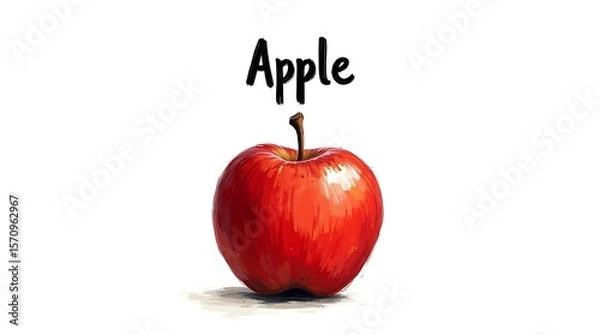Obraz Hand-drawn apple with black outline and imperfect brush strokes, featuring hand-painted "Apple" text