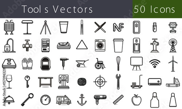 Fototapeta 50 Vector Icons Set – Smart Tools, Kitchenware, Medical Equipment, Industrial Devices, and Utility Symbols in Line Style