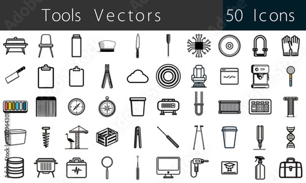 Fototapeta 50 Tools and Equipment Line Icons – Editable Vector Icon Sheet for UI, Web, and Print