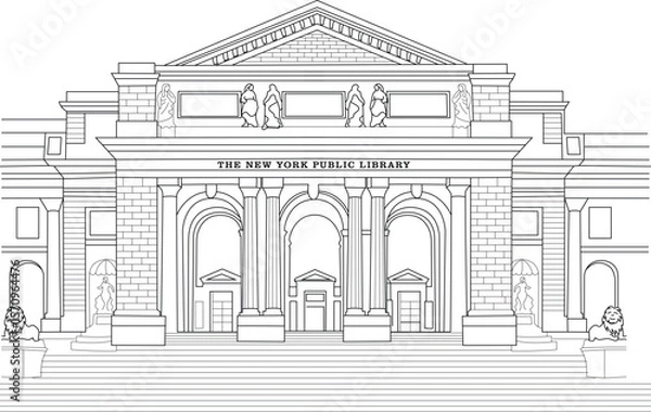Obraz Detailed line art illustration of the New York Public Library, showcasing its grand facade, famous lions, and neoclassical design.