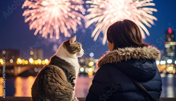 Fototapeta a person wearing a coat with fur trim around the hood is sitting next to a gray and white cat, both are gazing toward the city skyline