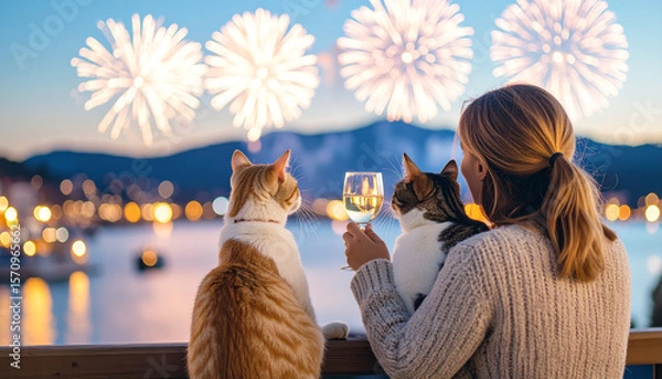 Fototapeta seen from behind, a person in a textured sweater observes distant fireworks over the water alongside two cats