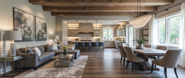 Fototapeta Chic Open-Plan Living and Dining Area Blending Rustic Charm with Glam Details