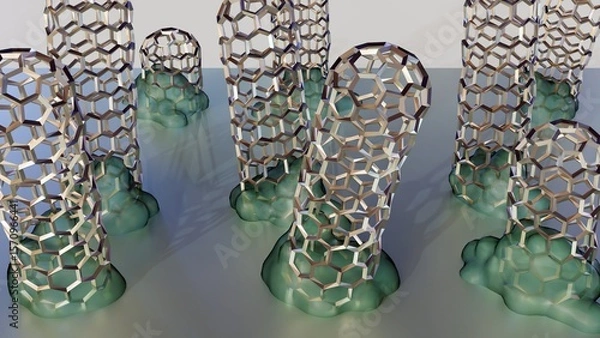 Fototapeta A 3D rendering showing carbon nanotubes growing from catalyst particles on a surface during Chemical Vapor Deposition (CVD), specifically the base-growth model.