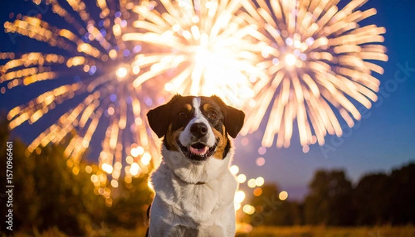 Fototapeta the image features a medium sized dog with white, black, and brown markings in the foreground. behind the dog, two large bursts of light are visible in the night sky