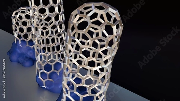 Fototapeta A 3D rendering showing carbon nanotubes growing from catalyst particles on a surface during Chemical Vapor Deposition (CVD), specifically the base-growth model.