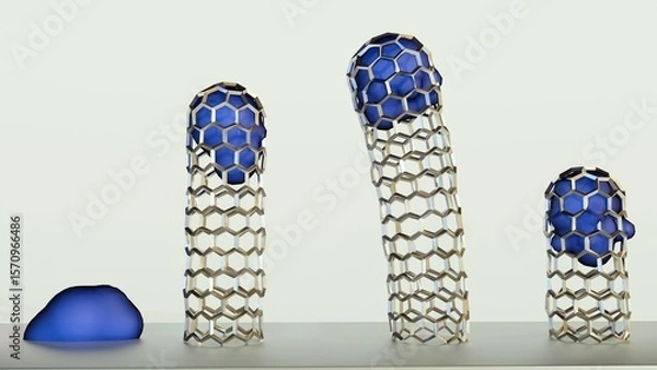 Fototapeta A 3D rendering showing the tip-growth model of carbon nanotubes, where the catalyst particle lifts off the surface and stays at the growing tip during CVD.
