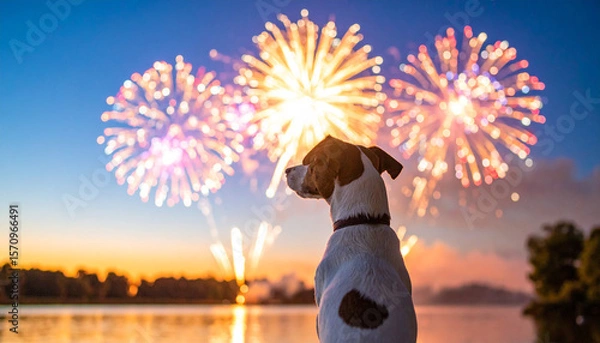 Fototapeta the photograph captures a back view of a dog with a smooth white and brown coat, positioned centrally and gazing towards a vibrant display of fireworks in the twilight sky