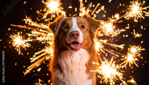 Fototapeta a cheerful dog is centered in the frame against a dark background. the dog is brown and white with an open mouth and visible tongue