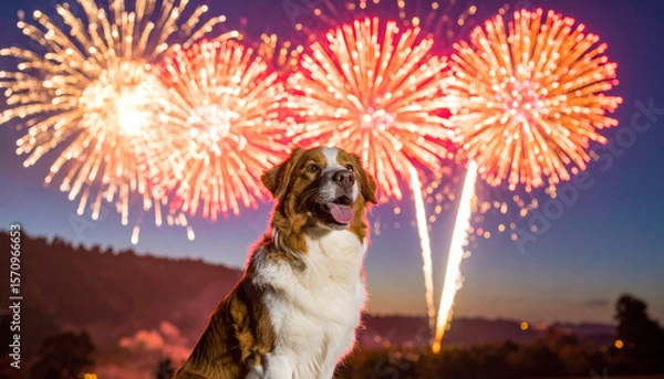 Fototapeta the scene features a medium sized dog, predominantly white and reddish brown in color, positioned in the foreground with its tongue playfully sticking out