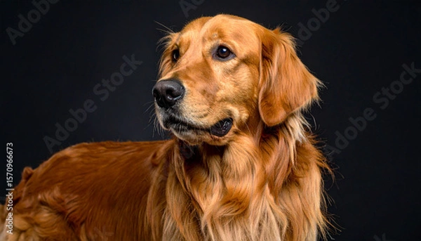Fototapeta a medium shot presents a long haired canine against a dark background. the dog is positioned primarily to the left, with its head turned slightly to the right and upwards