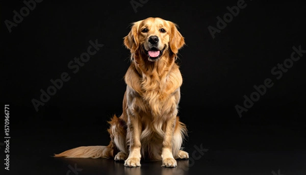 Fototapeta the image features a medium sized dog with light brown fur sitting upright. the dog is centered on a dark background. the dog's mouth is slightly open. its fur is slightly long and wavy