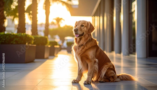 Fototapeta an amber coated canine sits squarely in the light with its tongue slightly out, near what looks like the base of a business building