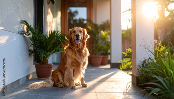 Fototapeta a large, cheerful dog sits proudly on a tiled porch, its golden fur catching the warm light of the setting sun. a potted plant stands nearby on the left