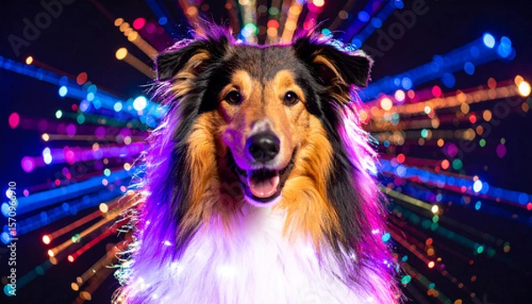 Fototapeta the image showcases a dog with tricolored fur, predominantly tan and black, with a white chest and long fur. the dog's face is centered, showing a happy expression with an open mouth
