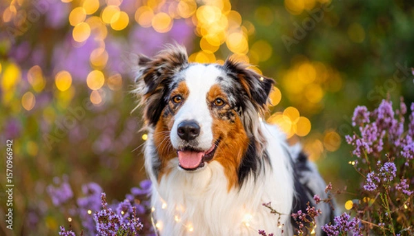 Fototapeta the image features a long haired canine facing forward, nestled amongst stems of purple flowers