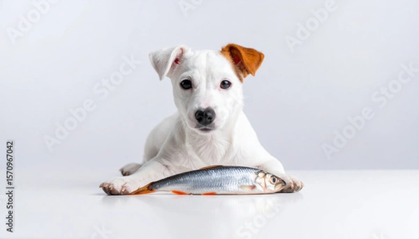 Fototapeta the image displays a small puppy lying on a white surface. the puppy has white fur with one ear partially covered in brown. lying between the puppy's front paws is a small, silver fish