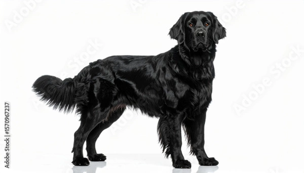 Fototapeta in a studio setting, a sleek, black coated canine stands proudly against a bright white backdrop