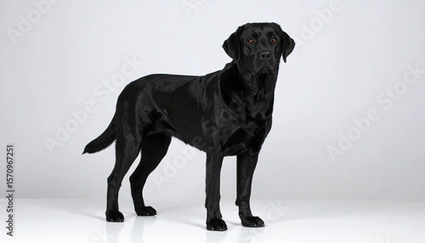Fototapeta the image shows a sleek, black dog standing on a reflective surface. the animal is squarely facing the viewer, with its head slightly turned to the side. its coat is shiny, and its ears are relaxed