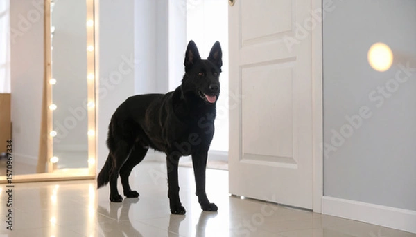 Fototapeta a sleek black canine stands prominently in a bright room with a glossy tiled floor. the animal faces the viewer, with ears erect and a slightly open mouth