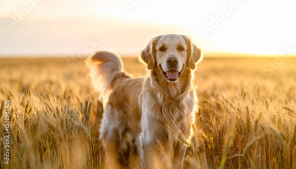Fototapeta an amber light warms the image of a happy dog standing in a field of ripe grain. the dog has light fur and a feathered tail, facing forward with its mouth open and tongue visible