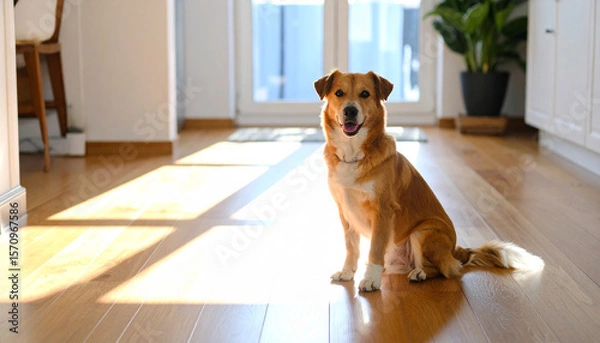 Fototapeta an amber colored dog sits at attention in a sunny room, looking directly at the camera. light streams across the shiny wooden floor, creating bright and dark bands