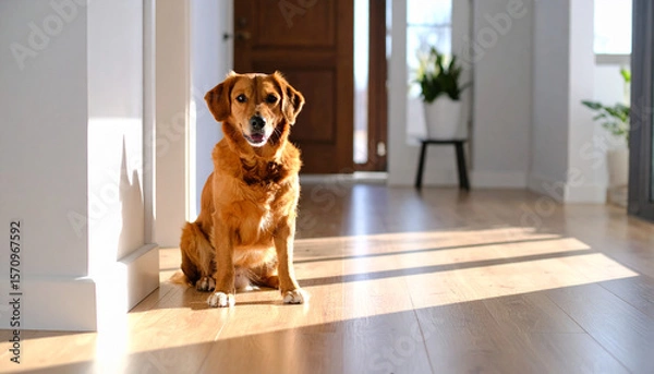 Fototapeta in an indoor space with gleaming wooden floors bathed in sunlight, an animal with a reddish brown coat sits attentively near a bright white wall
