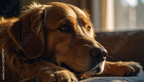 Fototapeta the image showcases a close up of a dog lying on a soft surface. the animal has fur that is a golden hue and appears to be relaxed and content
