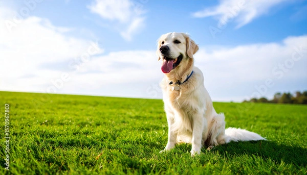 Fototapeta in a vibrant outdoor setting, a dog sits serenely on a lush green lawn. the animal is cream colored with its tongue happily lolling out, wearing a collar with a tag