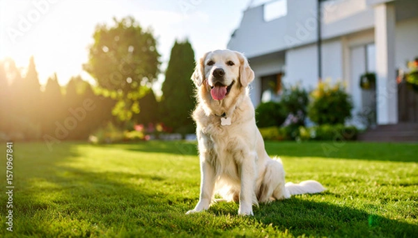 Fototapeta the image shows a light colored dog sitting in a grassy yard. the sun is shining brightly, casting long shadows across the lawn