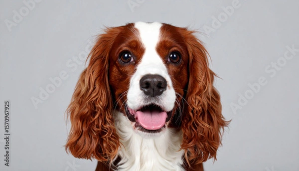 Fototapeta the image shows a close up portrait of a dog against a simple background. the dog's face, the main subject, is presented head on, with a mix of brown and white fur coloring its coat