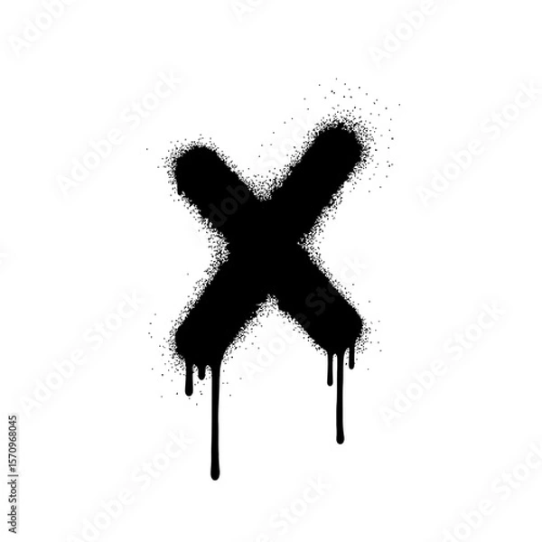 Fototapeta A black spray paint x with drips on a plain white background art