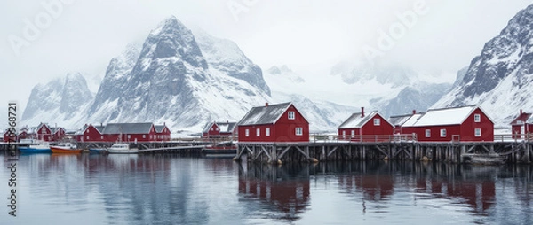 Fototapeta Reine Lofoten Islands Norway Iconic Red Rorbuer Cabins on Stilts Over Calm Arctic Waters