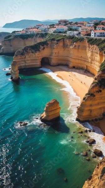 Fototapeta Algarve Portugal Top-Down Shot of Limestone Sea Caves Golden Beaches and Cliffside Resorts