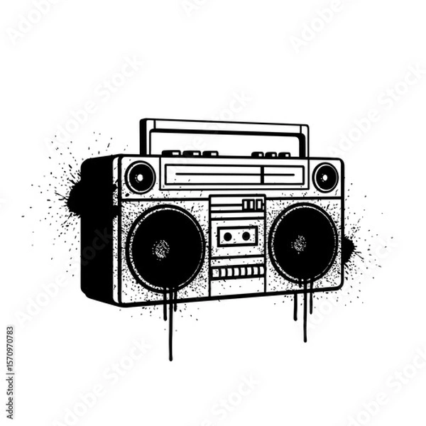 Fototapeta A stylized boombox with black ink splatter on a white background